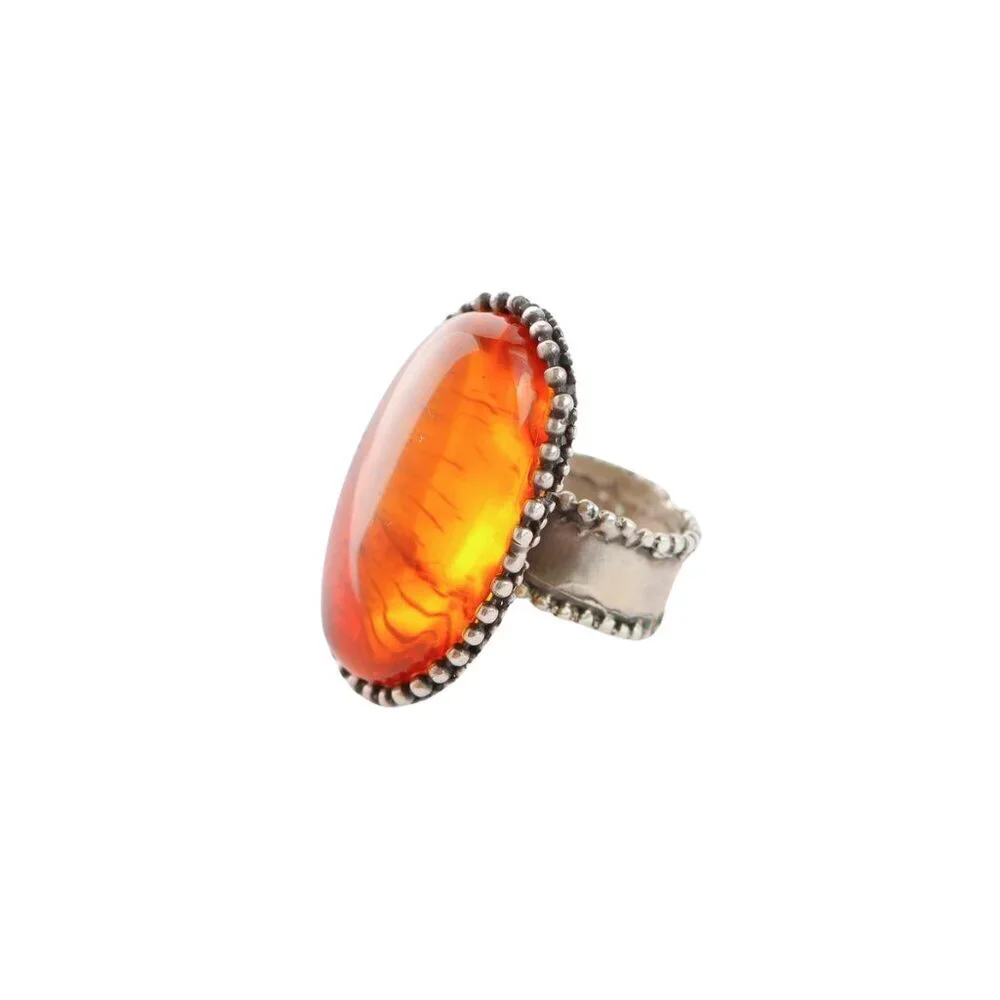 Medieval Baltic Amber Brutalist Ring in 925 Sterling Silver